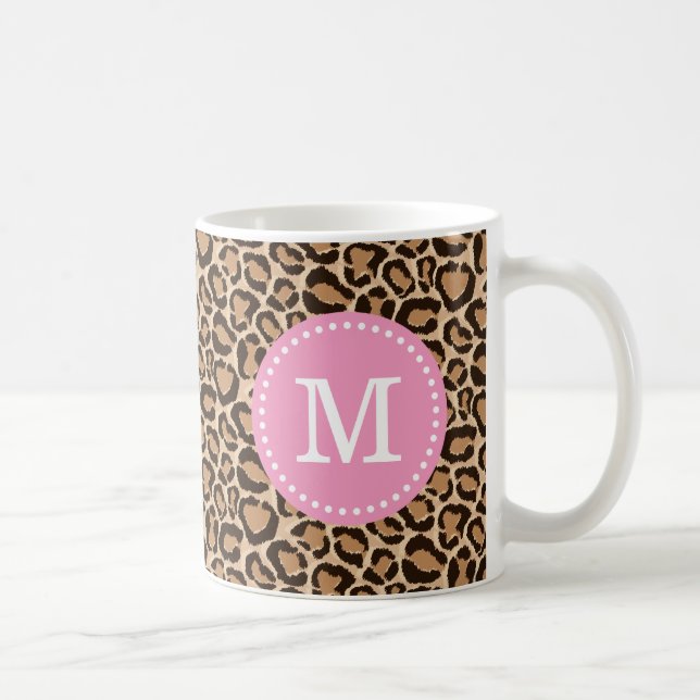 Caneca De Café Monograma Personalizado de Impressão Rosa e Leopar (Direita)