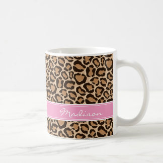 Caneca De Café Monograma Personalizado de Impressão Rosa e Leopar