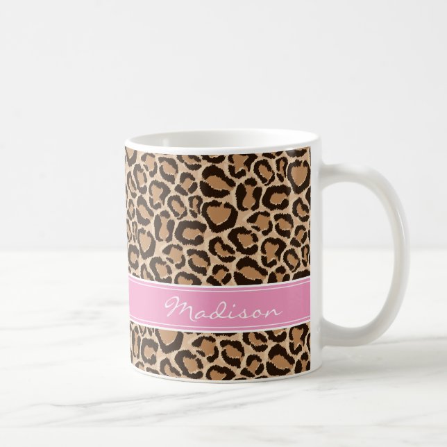 Caneca De Café Monograma Personalizado de Impressão Rosa e Leopar (Direita)