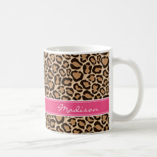 Caneca De Café Monograma Personalizado de Impressão Rosa e Leopar