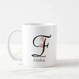Caneca De Café Monograma Personalizado de Letra Cursiva Floral pa