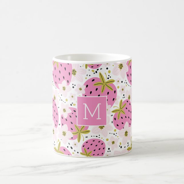 Caneca De Café Monograma Personalizado de Morangos Rosa (Centro)