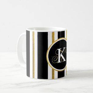 Caneca De Café Monograma Personalizado de Stripes Negras e Dourad