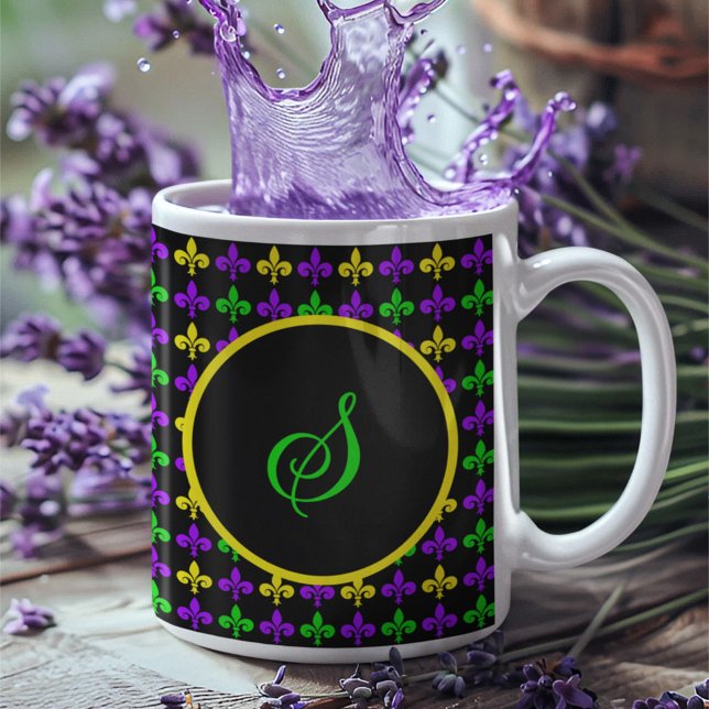 Caneca De Café Monograma personalizado do padrão Mardi Gras Fleur (Criador carregado)