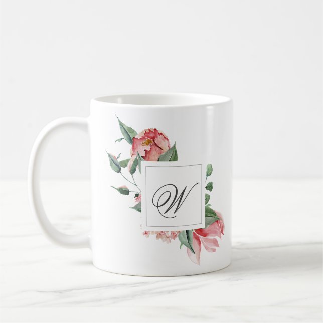 Caneca De Café Monograma Personalizado Elegante com Rosas Rosa (Esquerda)