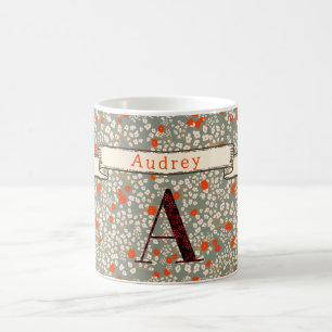 Caneca De Café Monograma Personalizado Floral A verde com frase