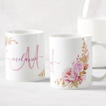 Monograma Personalizado Floral de Rosa de Aquarela