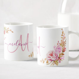 Caneca De Café Monograma Personalizado Floral de Rosa de Aquarela