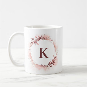 Caneca De Café Monograma Personalizado Floral Geométrico em Rose