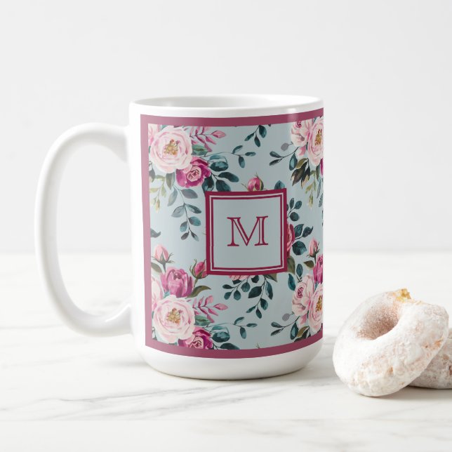 Caneca De Café Monograma Personalizado Floral Rosa Poeirento Gran (Com Donut)
