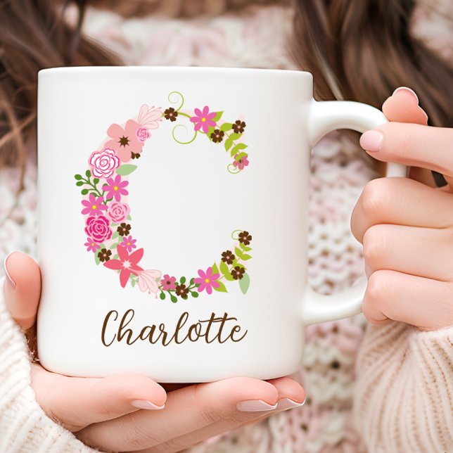 Caneca De Café Monograma Personalizado - Letra Floral C (Personalized Monogram Floral Letter C Coffee Mug)