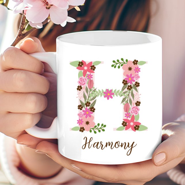 Caneca De Café Monograma Personalizado - Letra Floral H (Personalized Monogram Floral Letter H Coffee Mug)