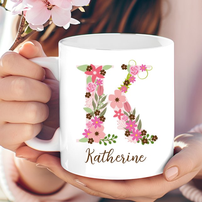 Caneca De Café Monograma Personalizado - Letra Floral K (Personalized Monogram Floral Letter K Coffee Mug)