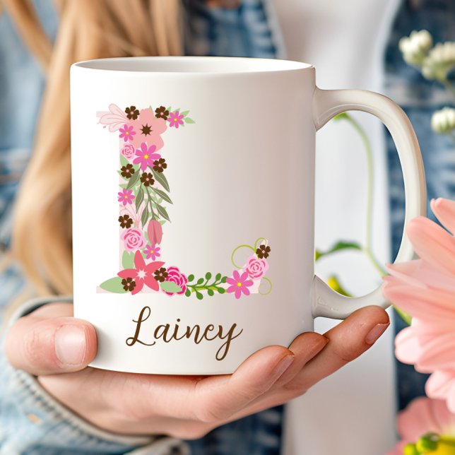 Caneca De Café Monograma Personalizado - Letra Floral L (Personalized Monogram Floral Letter L Coffee Mug)