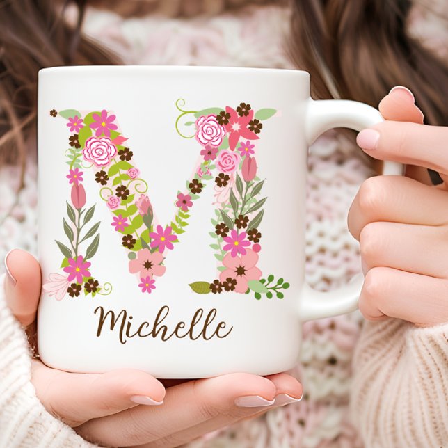 Caneca De Café Monograma Personalizado - Letra Floral M (Personalized Monogram Floral Letter M Coffee Mug)