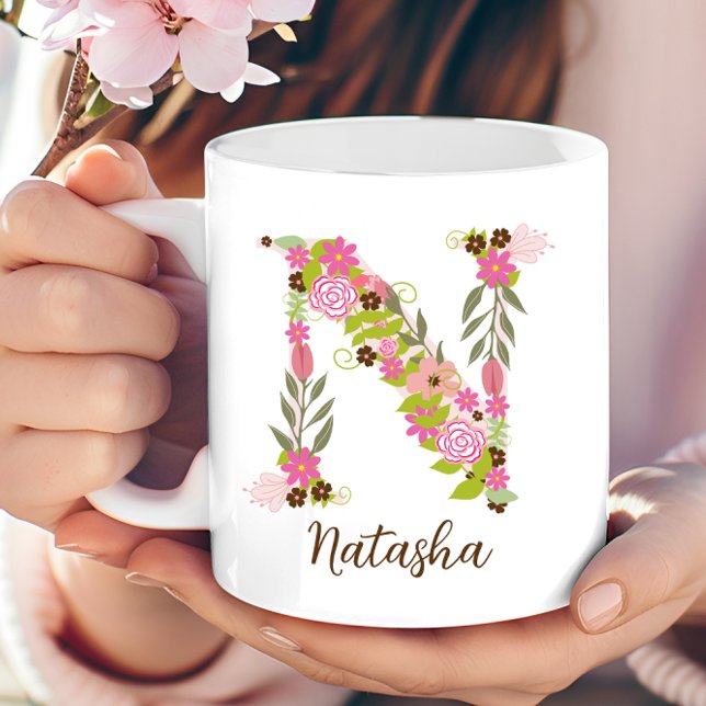 Caneca De Café Monograma Personalizado - Letra Floral N (Personalized Monogram Floral Letter N Coffee Mug)