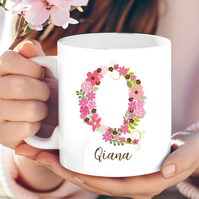 Caneca De Café Monograma Personalizado - Letra Floral Q (Personalized Monogram Floral Letter Q Coffee Mug)