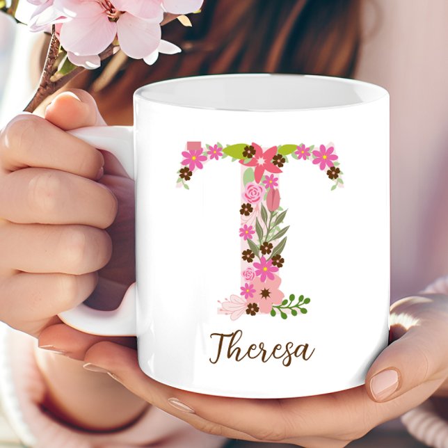 Caneca De Café Monograma Personalizado - Letra Floral T (Personalized Monogram Floral Letter T Coffee Mug)