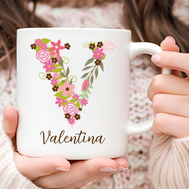 Caneca De Café Monograma Personalizado - Letra Floral V (Personalized Monogram Floral Letter V Coffee Mug)