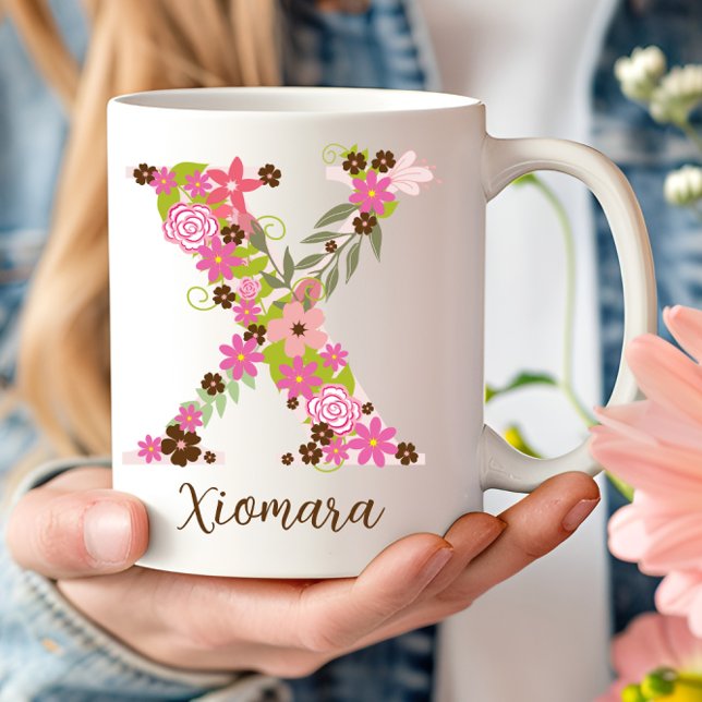Caneca De Café Monograma Personalizado - Letra Floral X (Personalized Monogram Floral Letter X Coffee Mug)