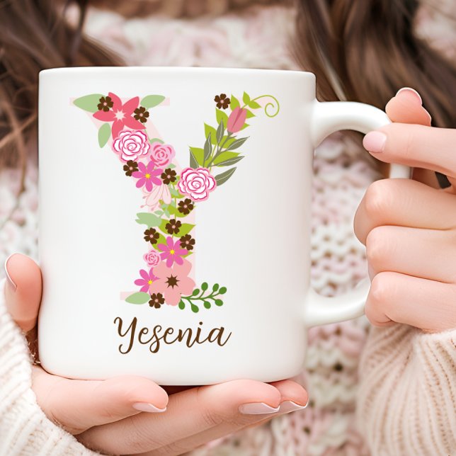 Caneca De Café Monograma Personalizado - Letra Floral Y (Personalized Monogram Floral Letter Y Coffee Mug)