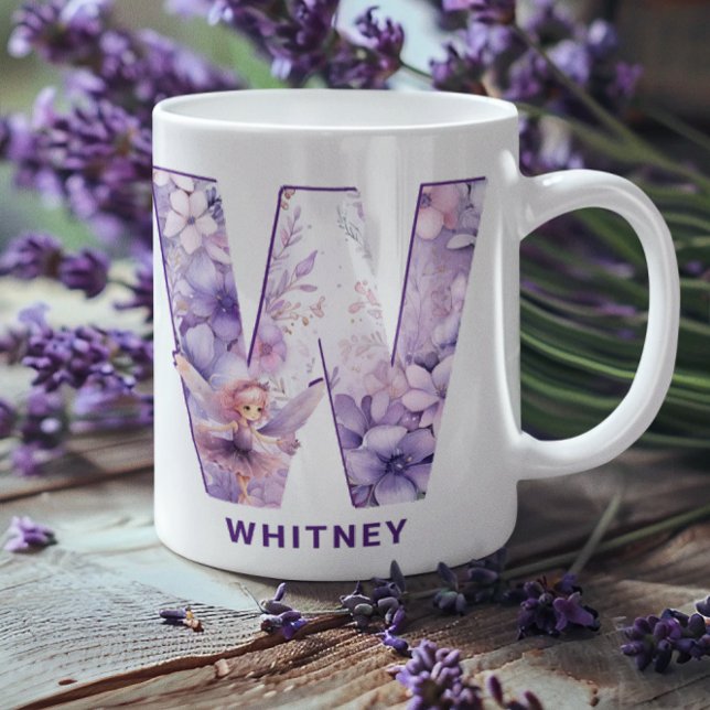 Caneca De Café Monograma Personalizado Lilac Fairy W (Personalized Lilac Fairy Monogram W Coffee Mug)
