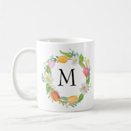 Caneca De Café Monograma Personalizado, Mug De Tulipas Cor De Águ
