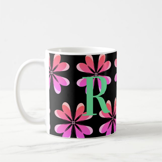 Caneca De Café Monograma personalizado retro-floral preto (Esquerda)