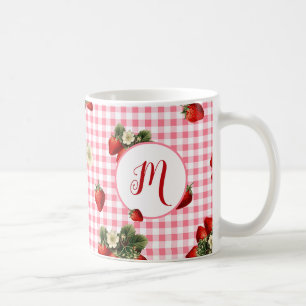 Caneca De Café Monograma Personalizado Russo Red Gingham Strawber