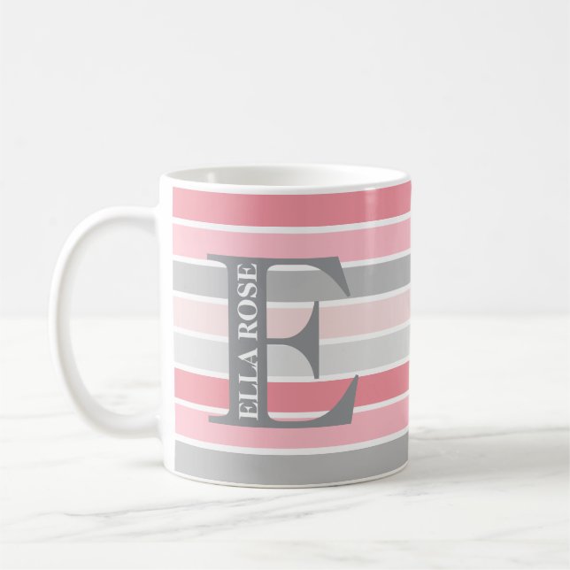 Caneca De Café Monograma Personalizado 'Tons de Rosa' Listrado (Esquerda)