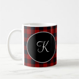 Caneca De Café Monograma Personalizado Xadrez Búfalo Vermelho e P