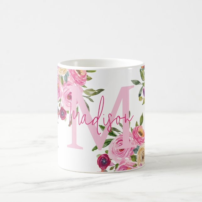 Caneca De Café Monograma | Personalizar | Aquarela | Floral (Centro)