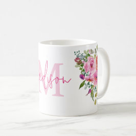 Caneca De Café Monograma | Personalizar | Aquarela | Floral
