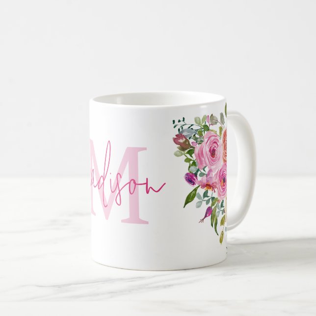 Caneca De Café Monograma | Personalizar | Aquarela | Floral (Frente Esquerda)