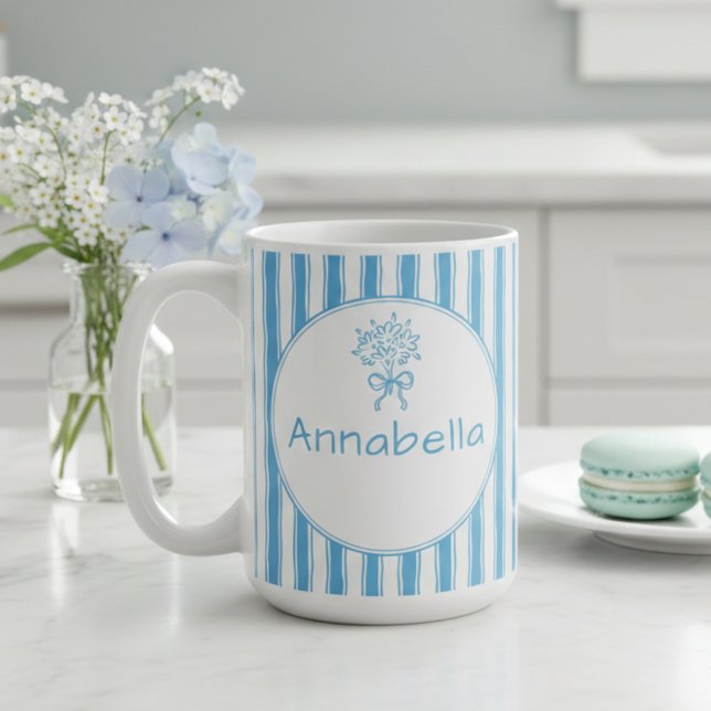 Caneca De Café Monograma Préppy de Listra Azul e Branco Caprichos (Criador carregado)