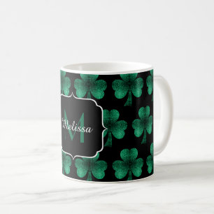 Caneca De Café Monograma preto de Shamrock Verde Sparkle Emerald
