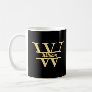 Caneca De Café Monograma Preto e Dourado Rótulo Inicial Elegant