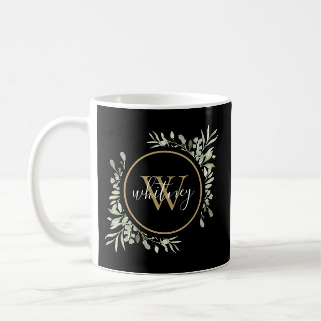 Caneca De Café Monograma Preto em Grafia com Folhagem Personaliza (Esquerda)
