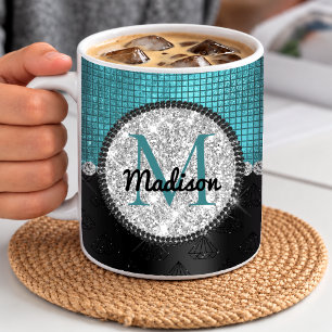 Caneca De Café Monograma preto em turquesa com brilho prateado fa