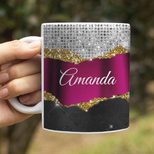 Caneca De Café Monograma preto fúcsia brilho prata falso chique