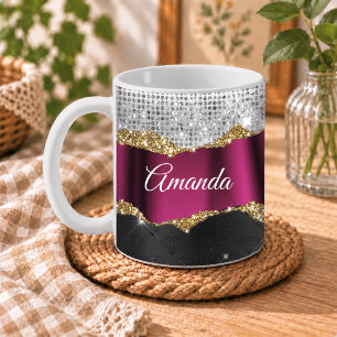 Caneca De Café Monograma preto fúcsia brilho prata falso chique