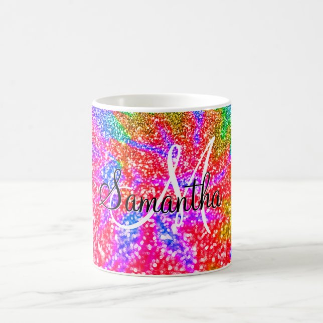 Caneca De Café Monograma Rainbow Tie Dye Faux Glitter (Centro)