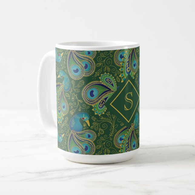 Caneca De Café Monograma Real Verde Paisley Pavão (Frente Esquerda)