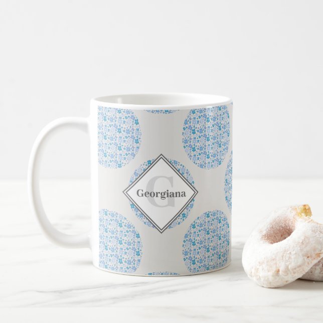 Caneca De Café Monograma Retro Florals Berry Blues Bolinhas (Com Donut)