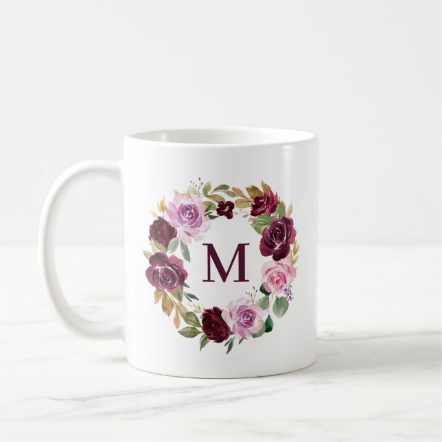 Caneca De Café Monograma Romântico de Verrugas Florais de outono (Esquerda)