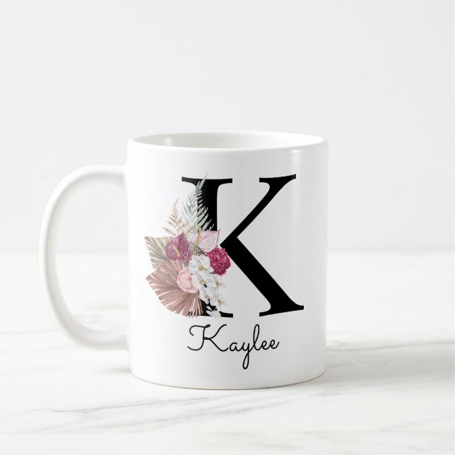 Caneca De Café Monograma Rosa Boho Floral Feminino Inicial K (Esquerda)