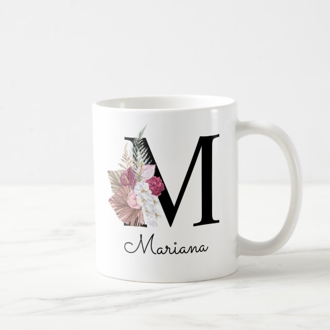 Caneca De Café Monograma Rosa Boho Floral Feminino Inicial M (Direita)