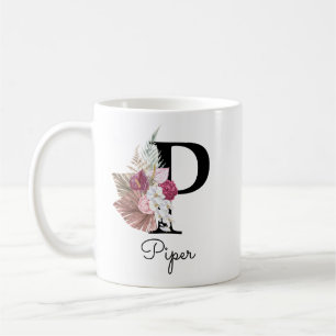 Caneca De Café Monograma Rosa Boho Floral Feminino Inicial P