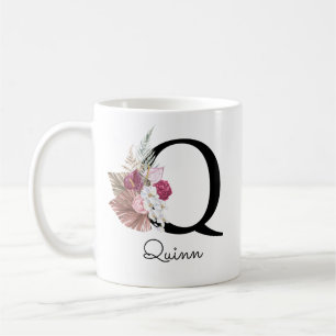 Caneca De Café Monograma Rosa Boho Floral Feminino Inicial Q