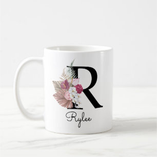 Caneca De Café Monograma Rosa Boho Floral Feminino Inicial R